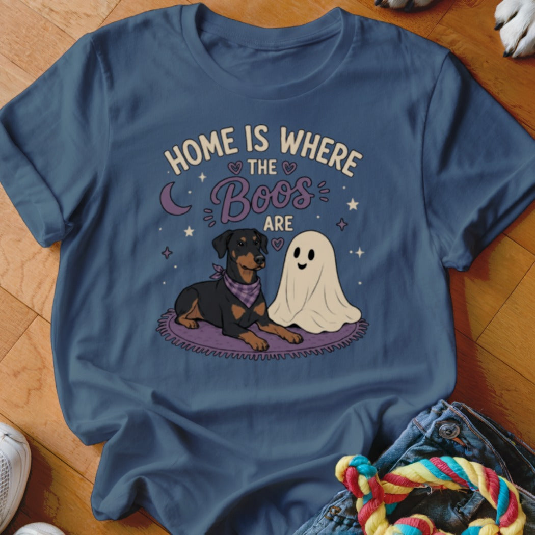 Doberman and ghost with text "Home is where the boos are".