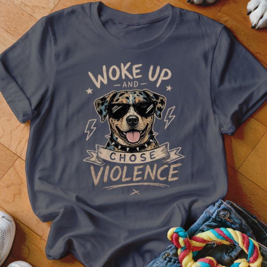 Dog wearing sunglasses and spiked collar with text "Woke Up and Chose Violence".