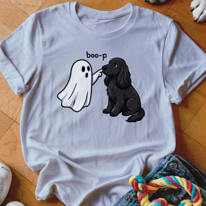 White t-shirt with ghost and black dog graphic that says "boo-p".