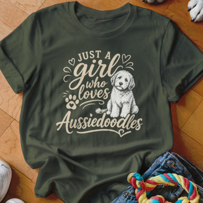 Dark green t-shirt with "Just a girl who loves Aussiedoodles" and a doodle dog graphic.