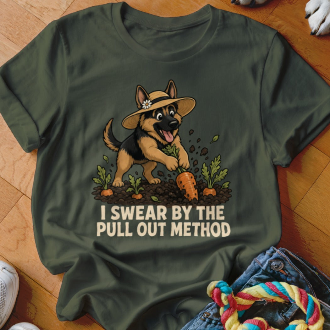 German Shepherd with straw hat pulling carrot, text "I SWEAR BY THE PULL OUT METHOD".