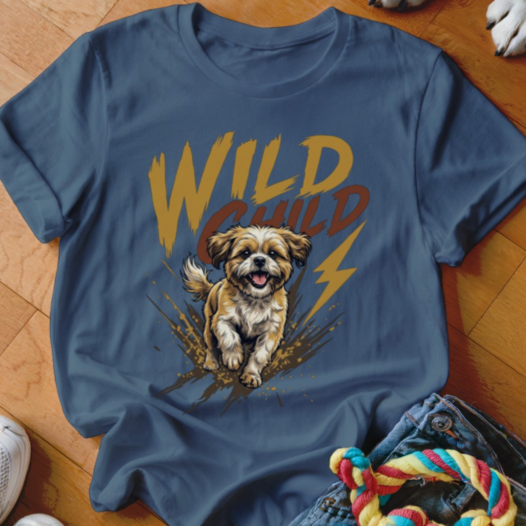 Dark blue crew neck t-shirt featuring a graphic of a running puppy and the text WILD CHILD.