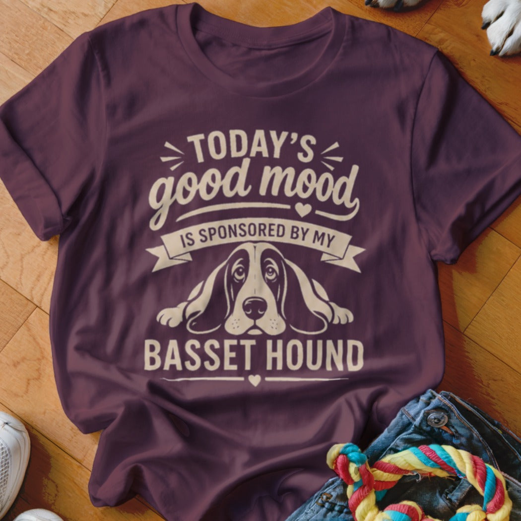 Maroon t-shirt with "Today's good mood is sponsored by my Basset Hound" text and illustration.