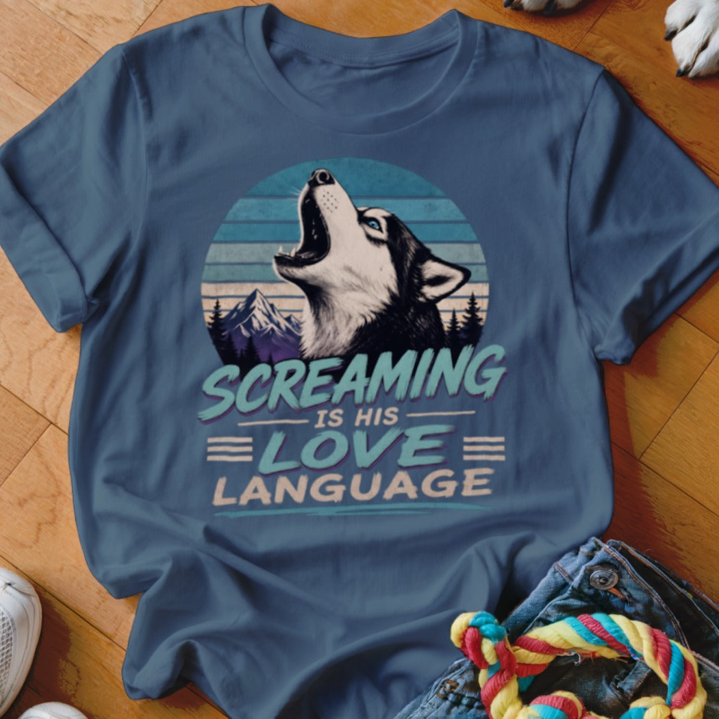 Husky howling with text "Screaming is his love language" on vintage sunset background.