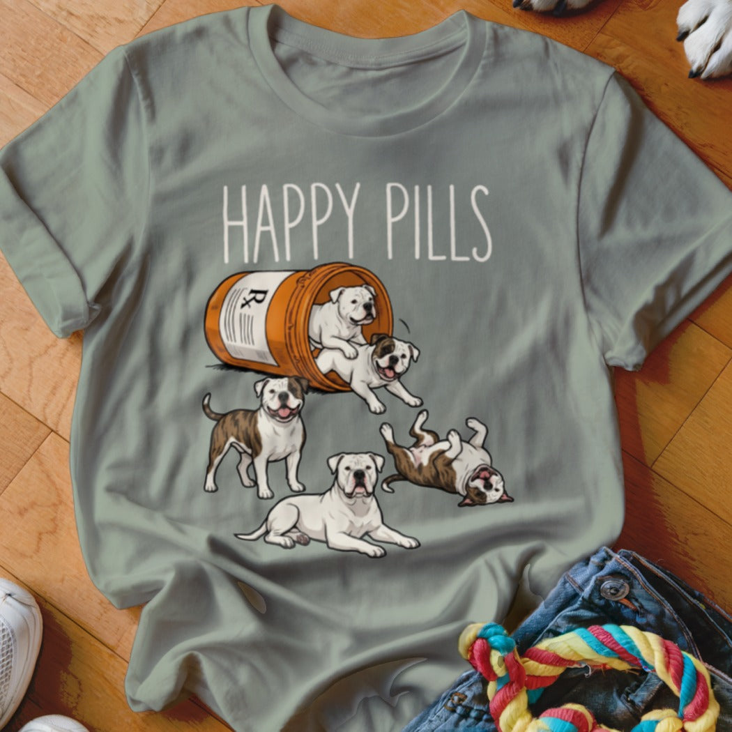 American Bulldog puppies spill out of a pill bottle with "HAPPY PILLS" text.