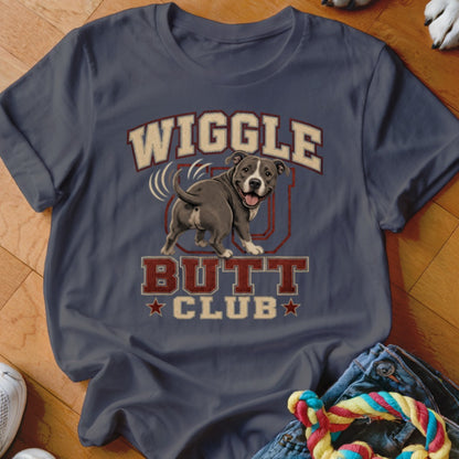 Pit bull dog with "Wiggle Butt Club" text on a navy t-shirt.