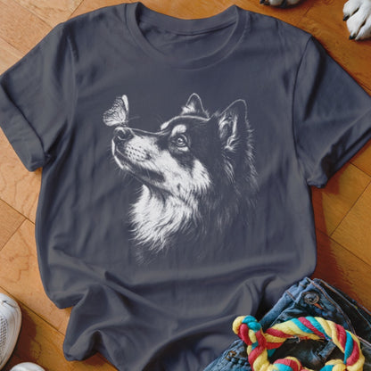 Dark gray t-shirt featuring a white sketch of a dog looking at a butterfly.