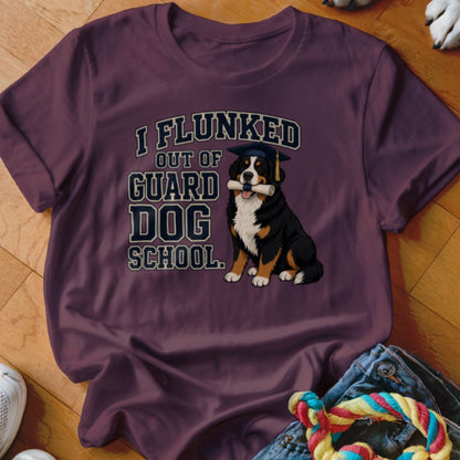 Bernese Mountain Dog in graduation cap holds diploma with text "I FLUNKED OUT OF GUARD DOG SCHOOL."