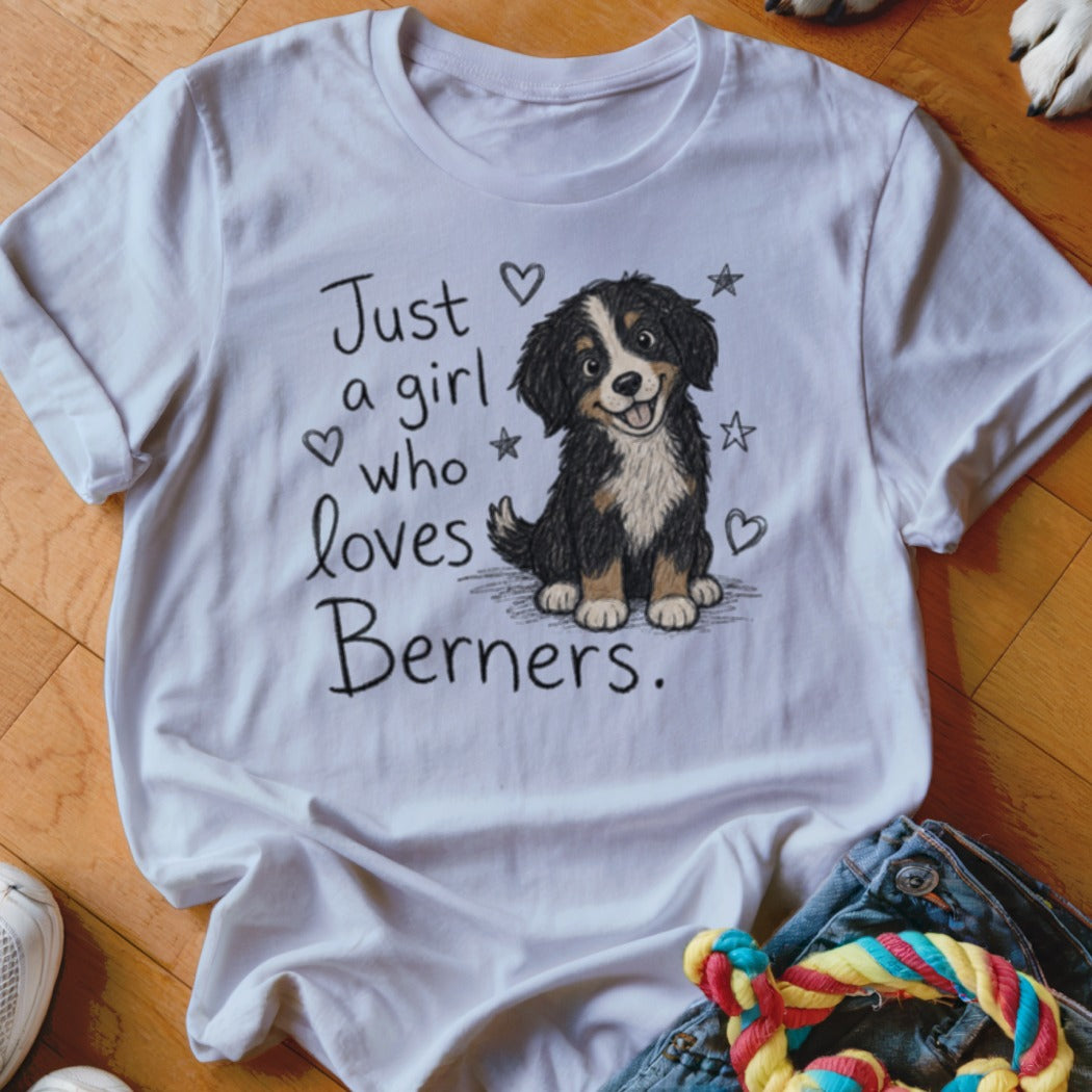 White t-shirt with cartoon Bernese Mountain Dog and text "Just a girl who loves Berners."