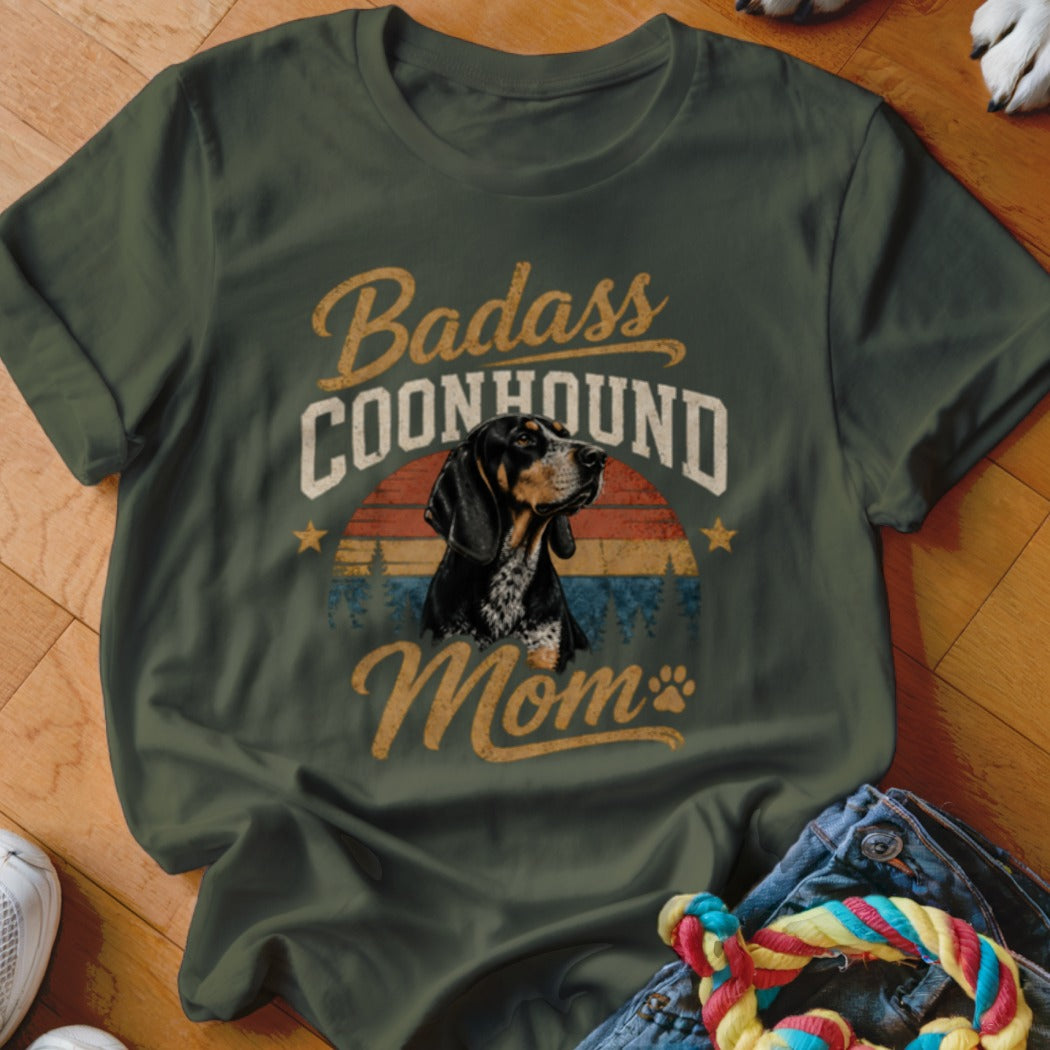 Green t-shirt with "Badass Coonhound Mom" text and a dog graphic.