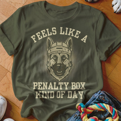 German Shepherd wearing helmet, "Feels Like a Penalty Box Kind of Day" text.