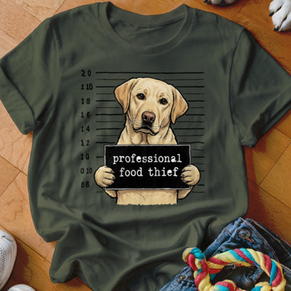 Labrador Retriever mugshot with text "professional food thief"