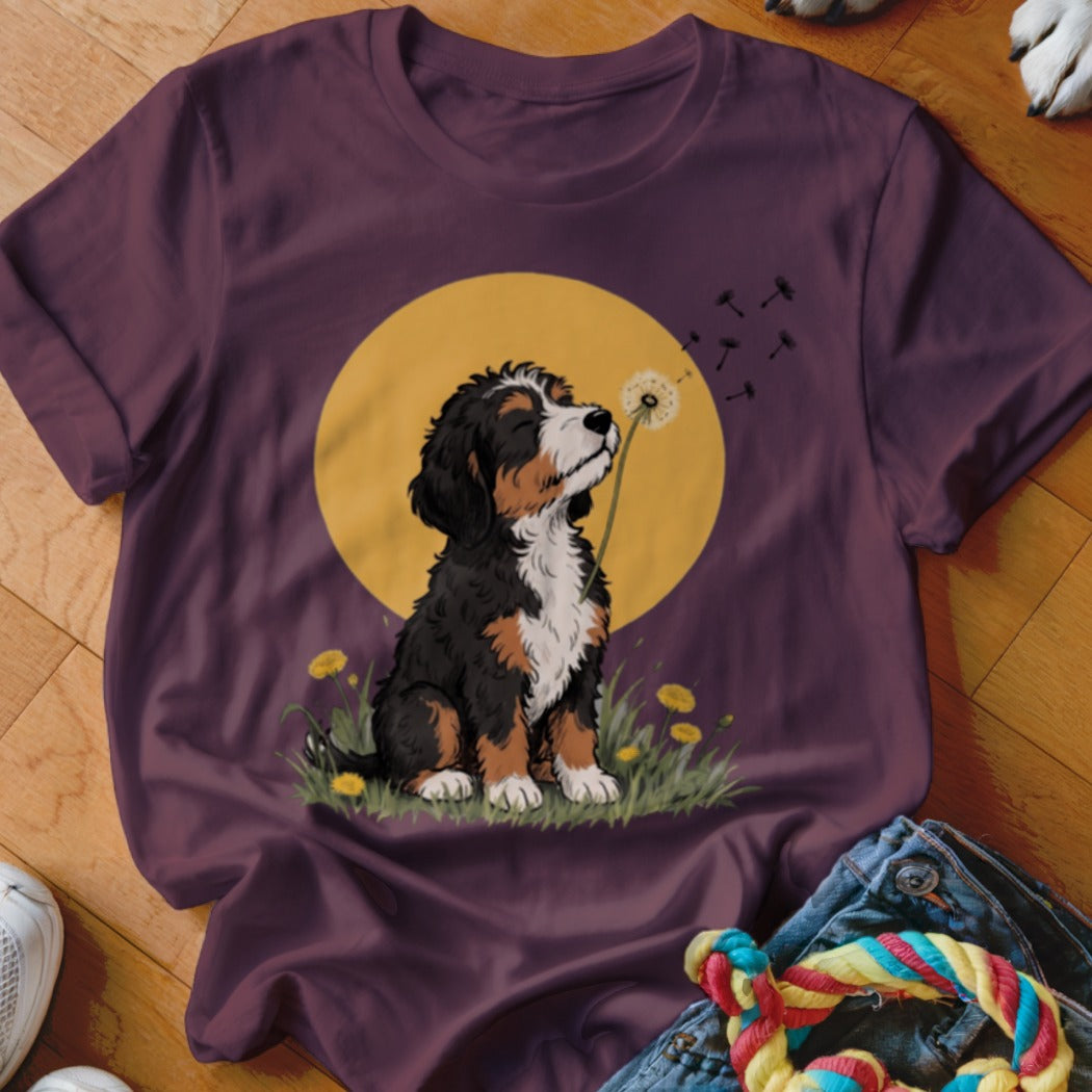Plum-colored t-shirt featuring a graphic of a Bernese Mountain Dog puppy blowing dandelion seeds.