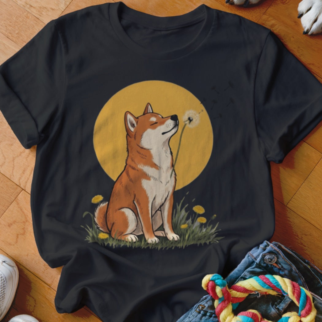 A black t-shirt featuring a graphic of a Shiba Inu dog blowing dandelion seeds.