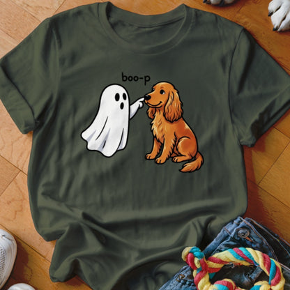 Ghost playfully boops a golden retriever with the word "boo-p".