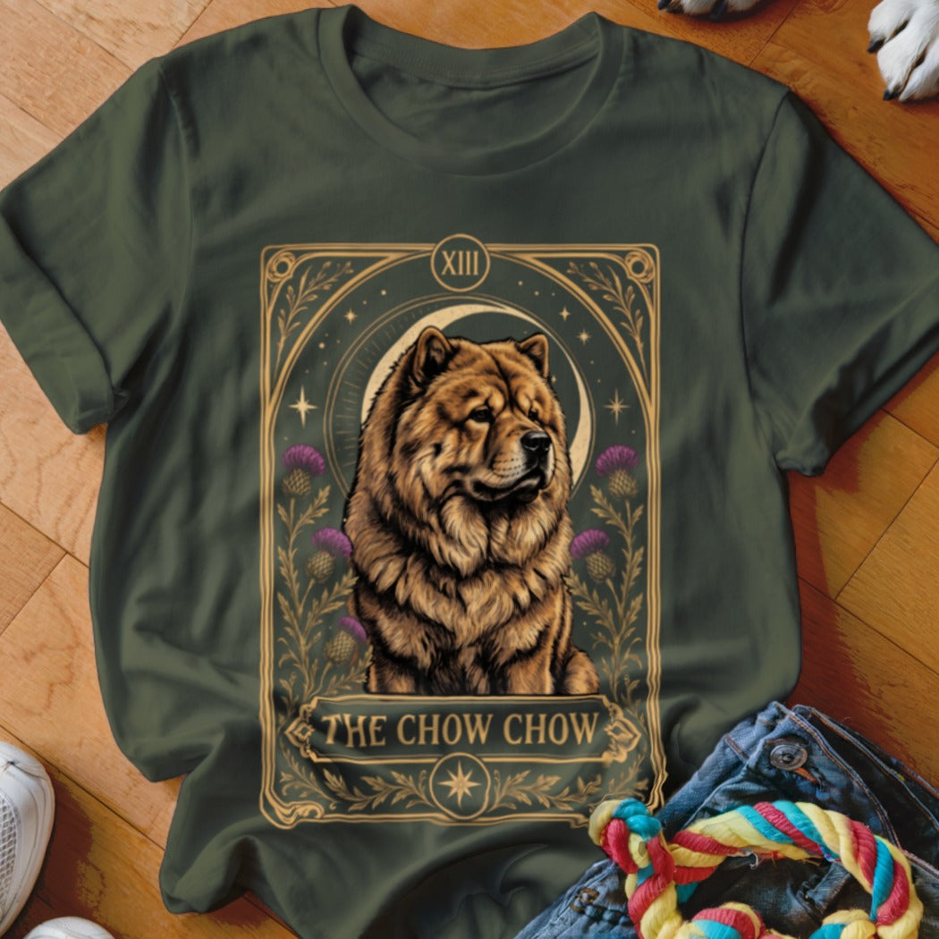 Dark green t-shirt featuring a tarot card graphic of a Chow Chow and the text The Chow Chow.