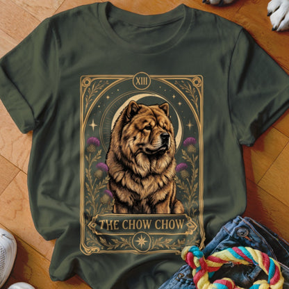 Dark green t-shirt featuring a tarot card graphic of a Chow Chow and the text The Chow Chow.