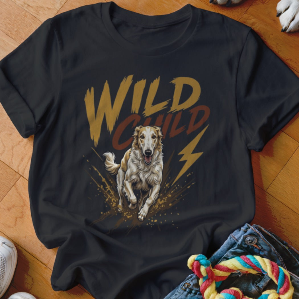 Black t-shirt featuring a graphic of a running dog with the text Wild Child and a lightning bolt.