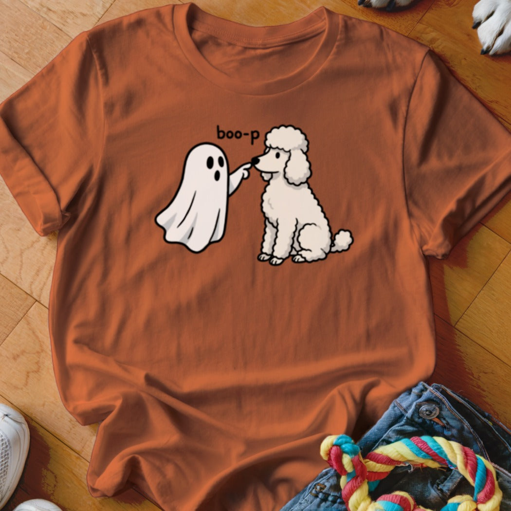 Ghost with finger touching poodle's nose, text "boo-p".