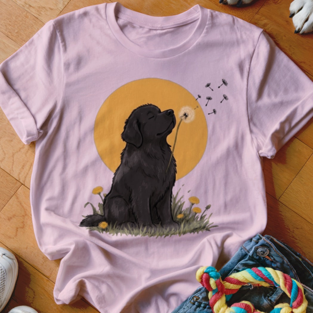 A pink t-shirt featuring a graphic of a black dog blowing dandelion seeds against a yellow circle.