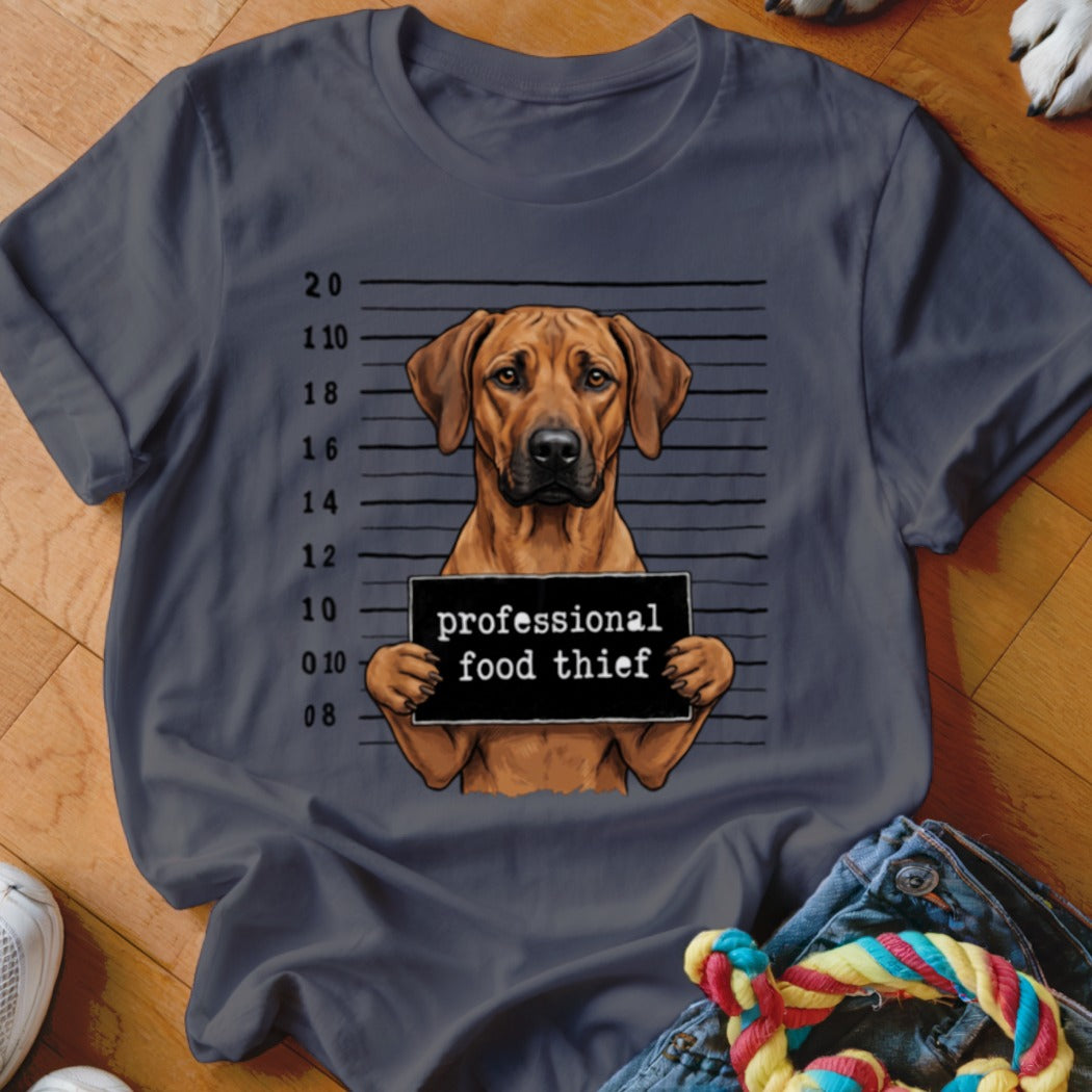 Dog with sign that reads "professional food thief" on a t-shirt.