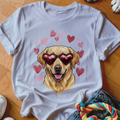 A white crewneck t-shirt featuring an illustration of a golden retriever wearing heart-shaped sunglasses surrounded by floating red and pink hearts.