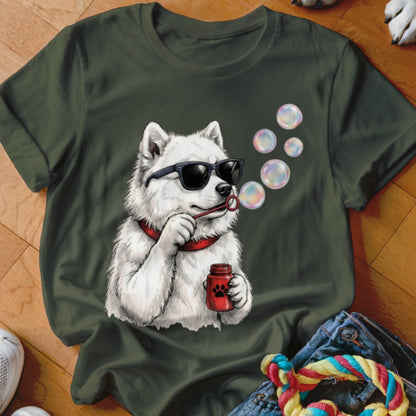 Dark green t-shirt featuring a graphic of a white dog wearing sunglasses blowing bubbles.