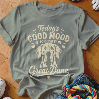 Light grey t-shirt with "Today's good mood is sponsored by my Great Dane" and dog portrait.