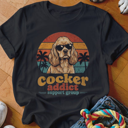 A black t-shirt features a graphic of a Cocker Spaniel wearing sunglasses before a sunset and palm trees, with the text "cocker addict support group."