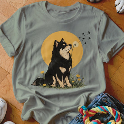 Sage green t-shirt featuring an illustration of a black dog blowing dandelion seeds against a yellow moon.