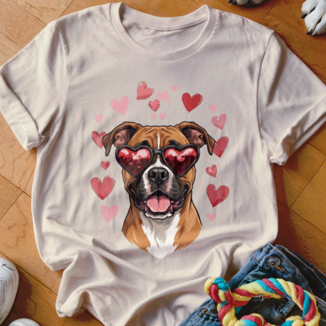 Beige t-shirt featuring a graphic of a boxer dog wearing heart-shaped sunglasses surrounded by pink hearts.