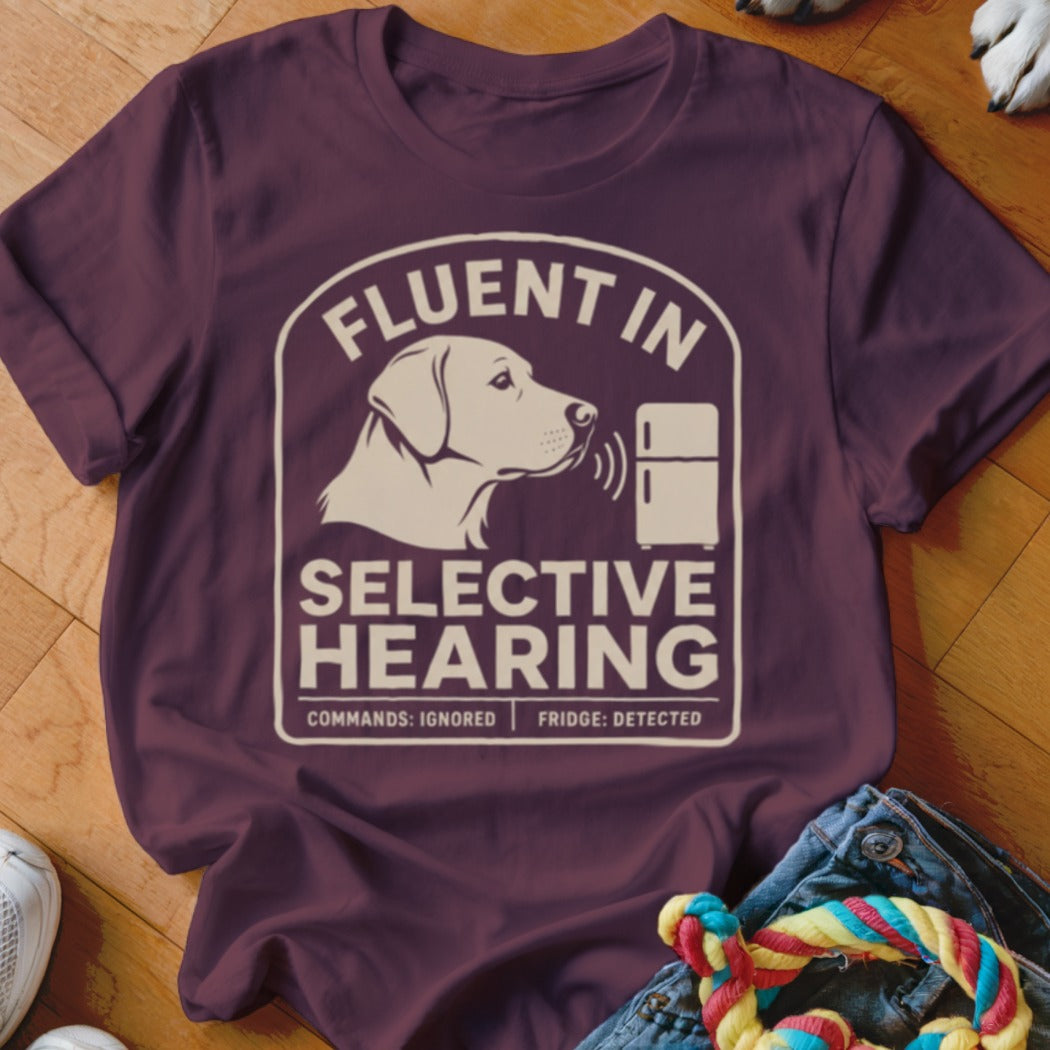 Maroon t-shirt with a white graphic of a dog's head facing a refrigerator.