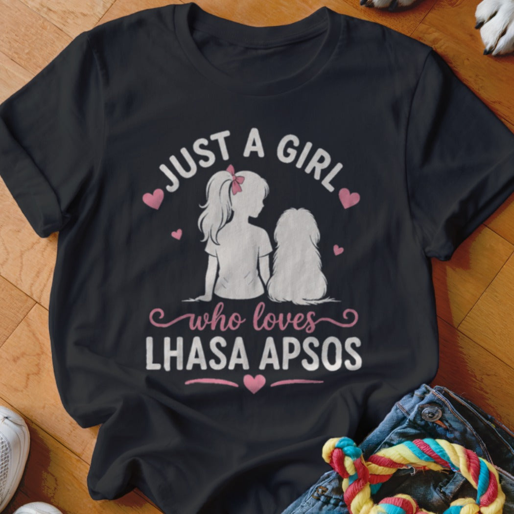 Black t-shirt with silhouette of girl and Lhasa Apso dog, reads "Just a girl who loves Lhasa Apsos".