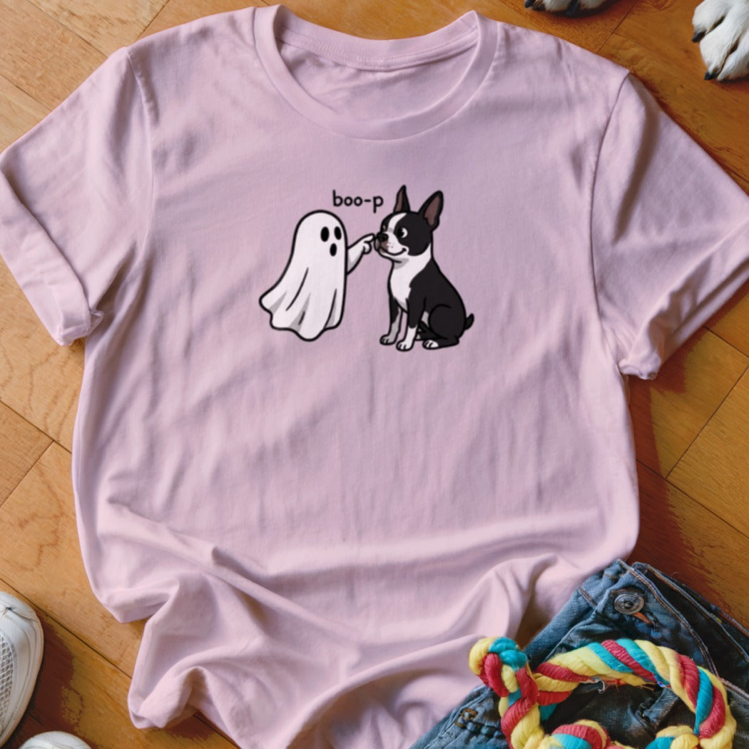 Pink t-shirt with a graphic of a ghost poking a Boston Terrier with "boo-p" text.
