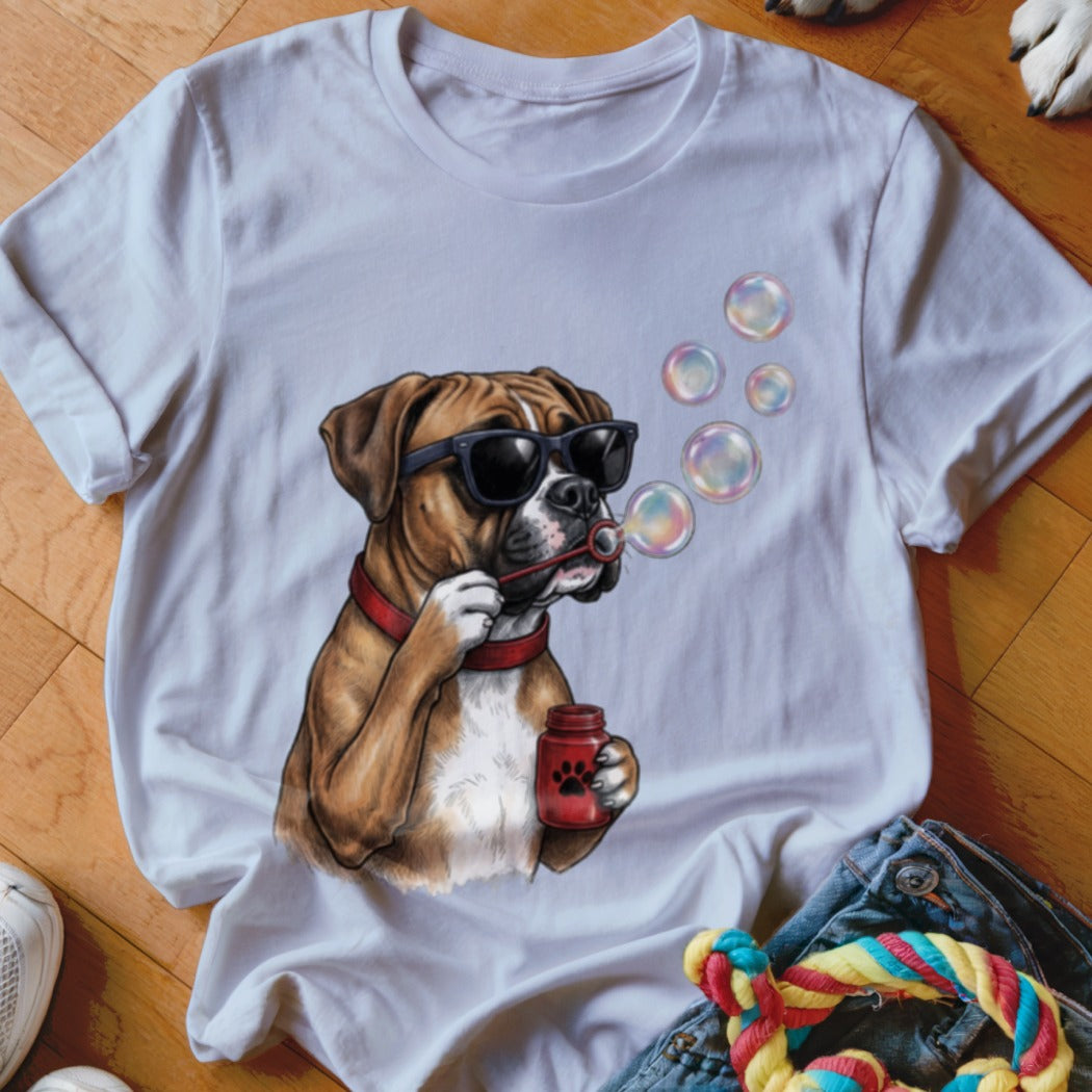 A white t-shirt featuring a graphic of a boxer dog wearing sunglasses and blowing bubbles.