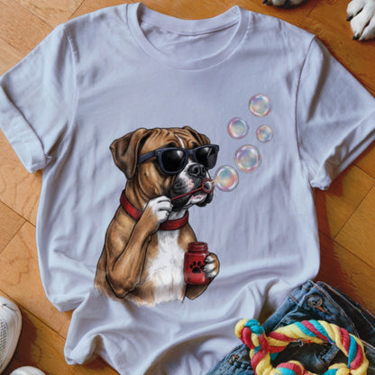 A white t-shirt featuring a graphic of a boxer dog wearing sunglasses and blowing bubbles.