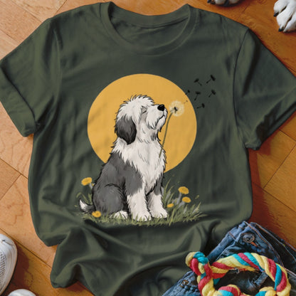 Dark green t-shirt featuring a cartoon illustration of an Old English Sheepdog blowing dandelion seeds.