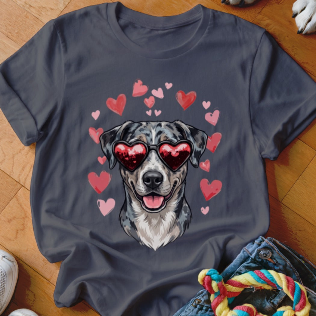Charcoal t-shirt featuring an illustration of an Australian Shepherd wearing heart-shaped sunglasses surrounded by pink hearts.