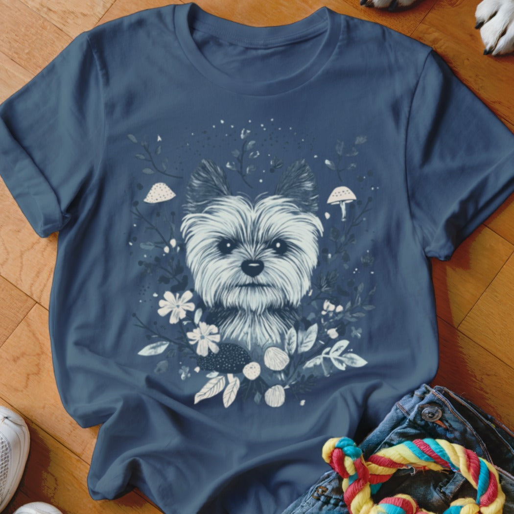 Dark blue t-shirt with a white terrier dog surrounded by flowers and mushrooms.