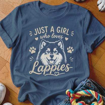 Navy t-shirt with "Just a girl who loves Lappies" and a dog graphic.