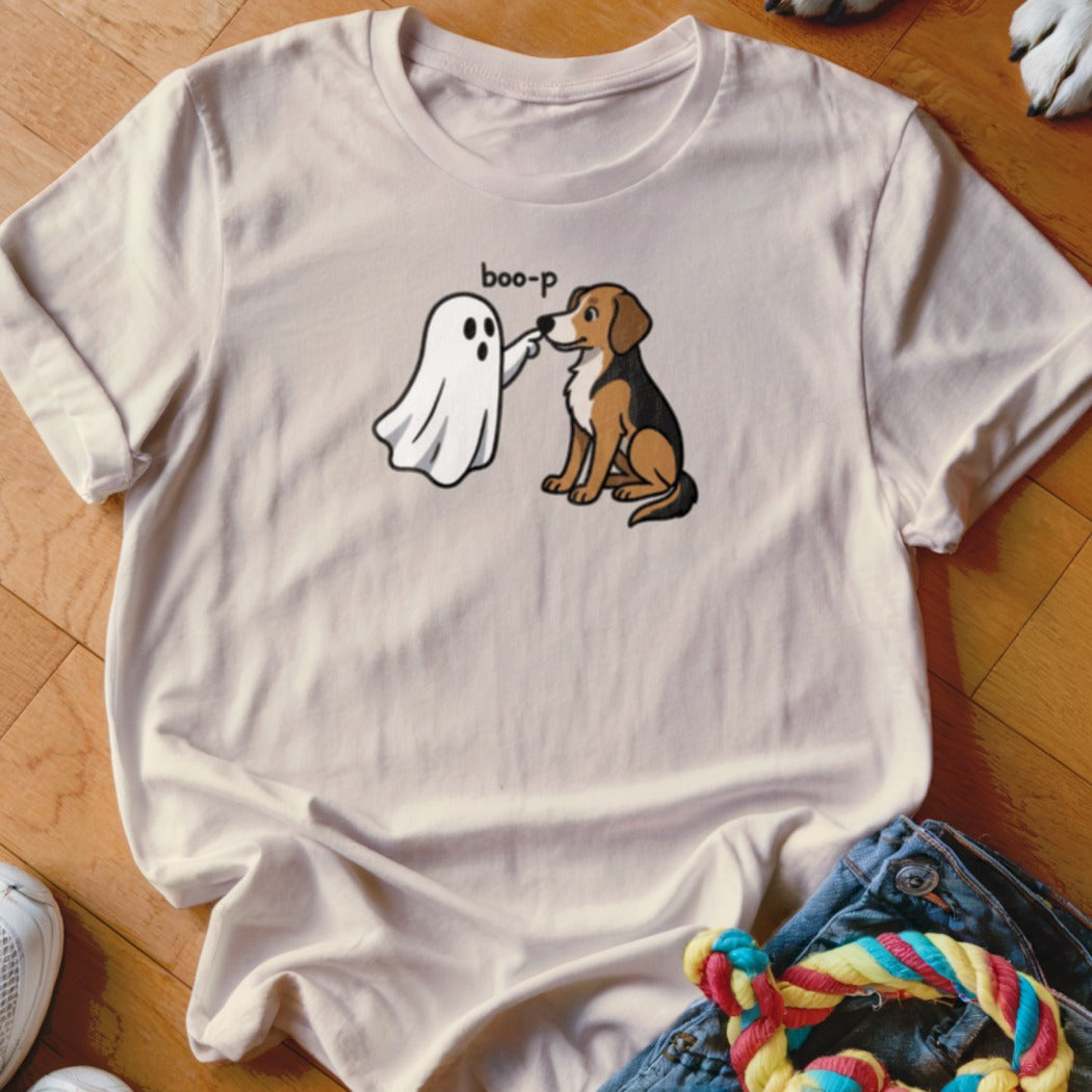 T-shirt graphic of ghost booping dog with text "boo-p"