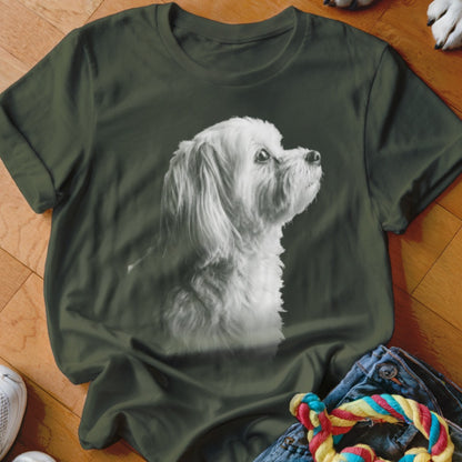 Olive green t-shirt featuring a black and white portrait of a white dog.