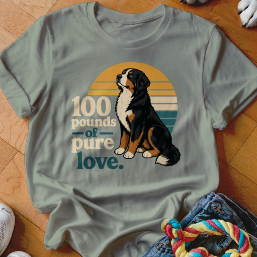Bernese Mountain Dog with "100 pounds of pure love." text and retro sunset design.