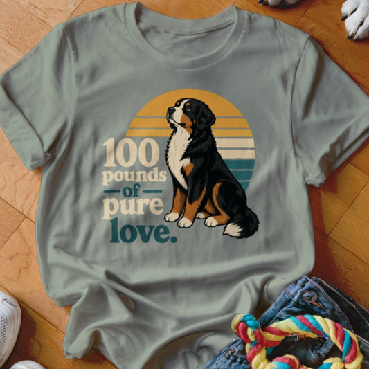 Bernese Mountain Dog with "100 pounds of pure love." text and retro sunset design.