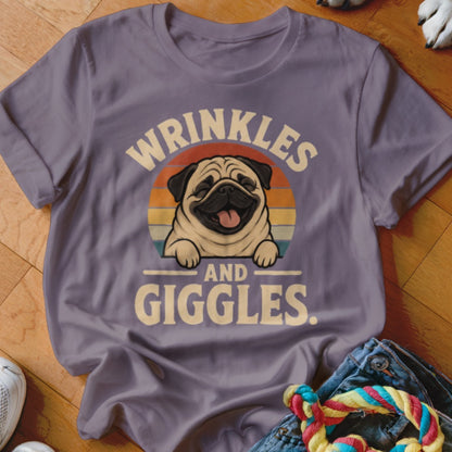 T-shirt with a happy pug graphic and the text "Wrinkles and Giggles."