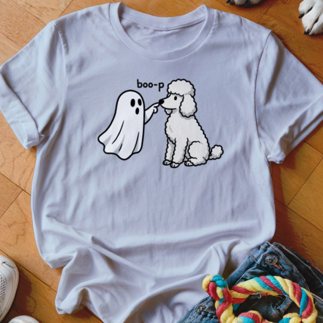 White t-shirt with graphic of ghost booping poodle, text "boo-p".