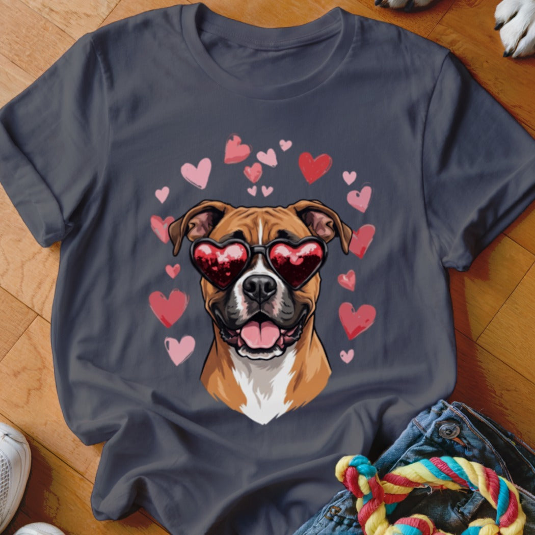 Dark gray t-shirt featuring a boxer dog wearing heart-shaped sunglasses surrounded by floating pink hearts.