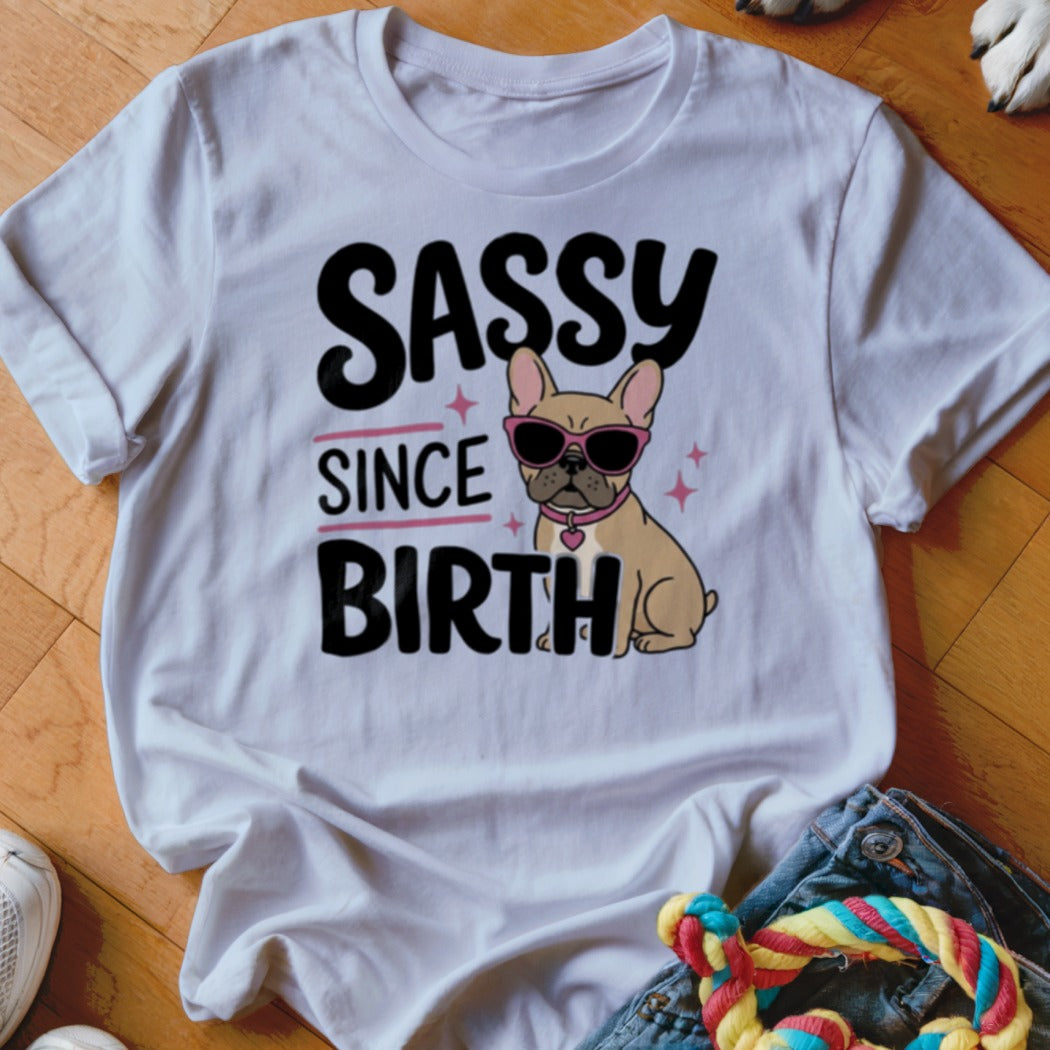 White t-shirt with "Sassy Since Birth" text and a French bulldog wearing sunglasses.