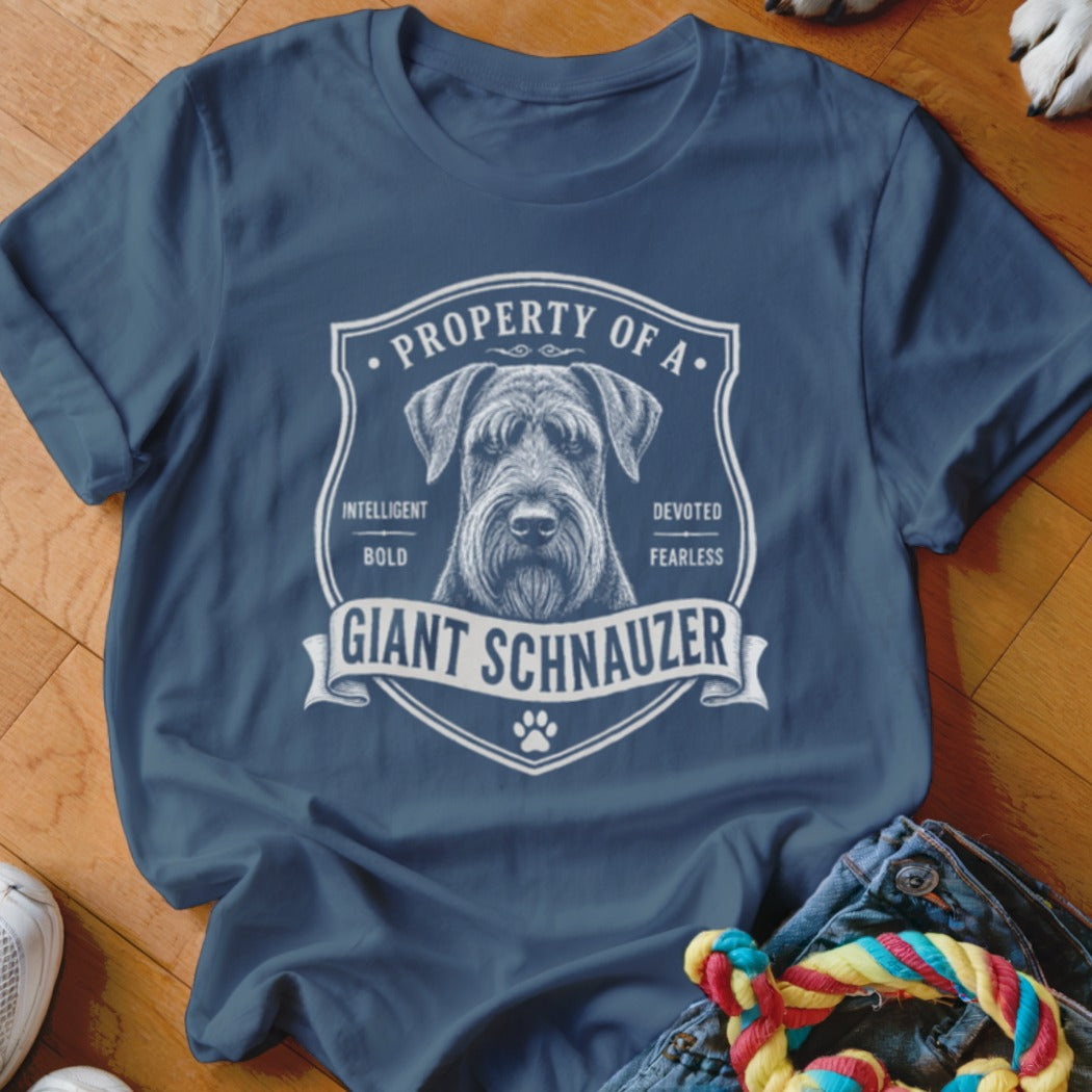 Dark blue t-shirt with a Giant Schnauzer dog graphic and text reading "Property of a Giant Schnauzer."