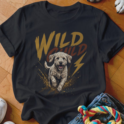 Black t-shirt featuring a graphic of a running doodle dog and the text WILD CHILD.